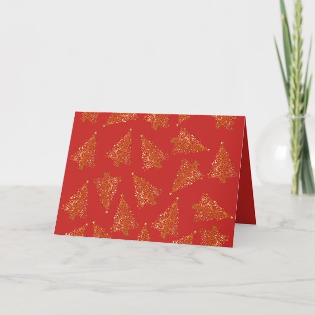 Elegant Modern Gold & Red Christmas Tree Pattern Card (Front)