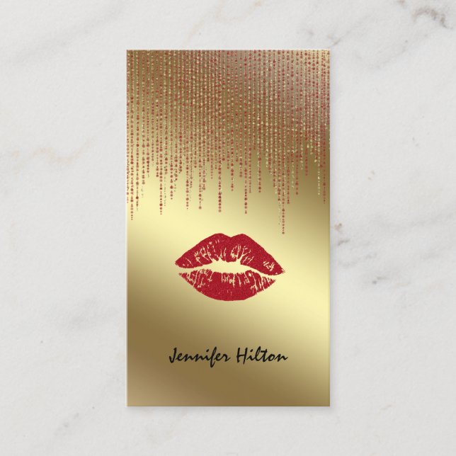 Elegant modern gold red lips business card (Front)