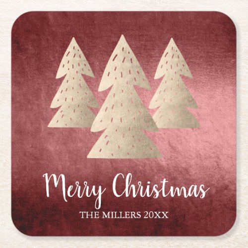 Elegant modern gold  red Merry Christmas tree Square Paper Coaster