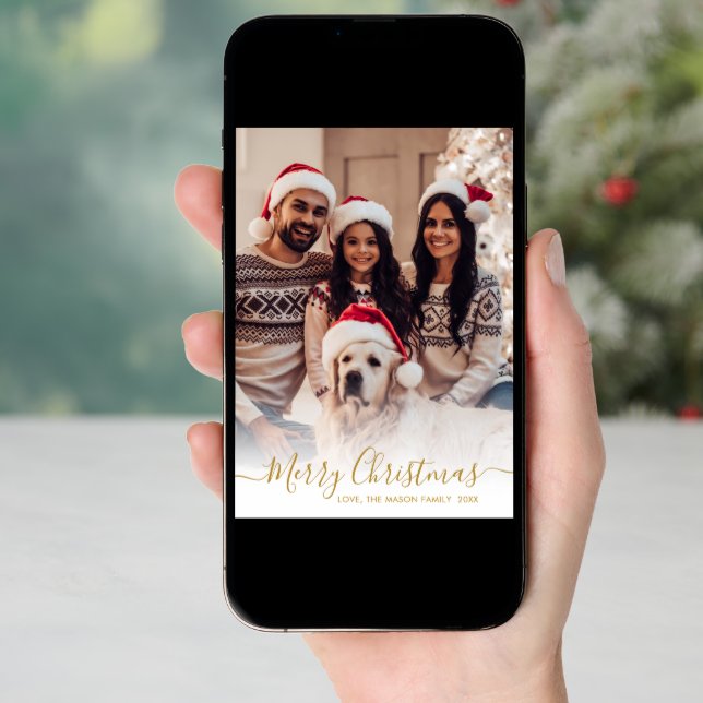 Elegant Modern Gold Script 2 Photo Christmas  Holiday Card (Front Digital)