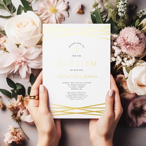 Elegant Modern Gold Script Baptism Foil Invitation