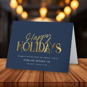 Elegant Modern Gold Script Business Corporate Blue Holiday Card