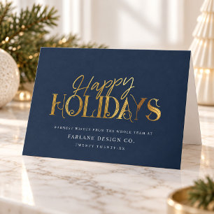 Elegant Modern Gold Script Business Corporate Blue Holiday Card