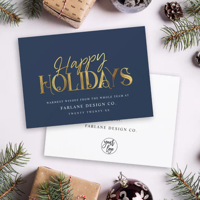 Elegant Modern Gold Script Business Corporate Blue Holiday Card
