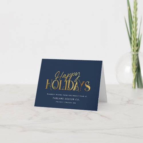 Elegant Modern Gold Script Business Corporate Blue Holiday Card