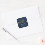 Elegant Modern Gold Script Business Corporate Blue Square Sticker<br><div class="desc">Modern minimalist business holiday sticker with elegant script calligraphy reading HAPPY HOLIDAYS in printed gold. Below is space for your custom message as well as additional space on the back over your corporate logo. This is the dark blue version.</div>