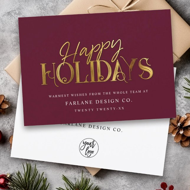 Elegant Modern Gold Script Business Corporate Red Holiday Card (Creator Uploaded)