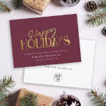 Elegant Modern Gold Script Business Corporate Red Holiday Card<br><div class="desc">Modern minimalist business holiday card with elegant script calligraphy reading HAPPY HOLIDAYS in printed gold. Below is space for your custom message as well as additional space on the back over your corporate logo. This is the burgundy red version.</div>