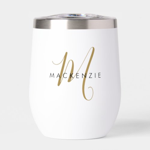 Elegant Modern Gold Script Monogram Thermal Wine Tumbler