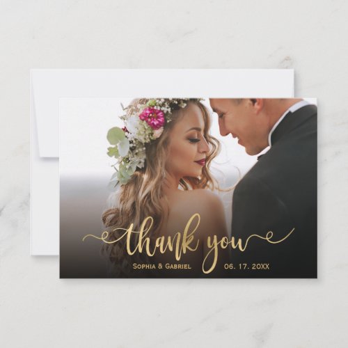 Elegant Modern Gold Script Photo Overlay Wedding  Thank You Card