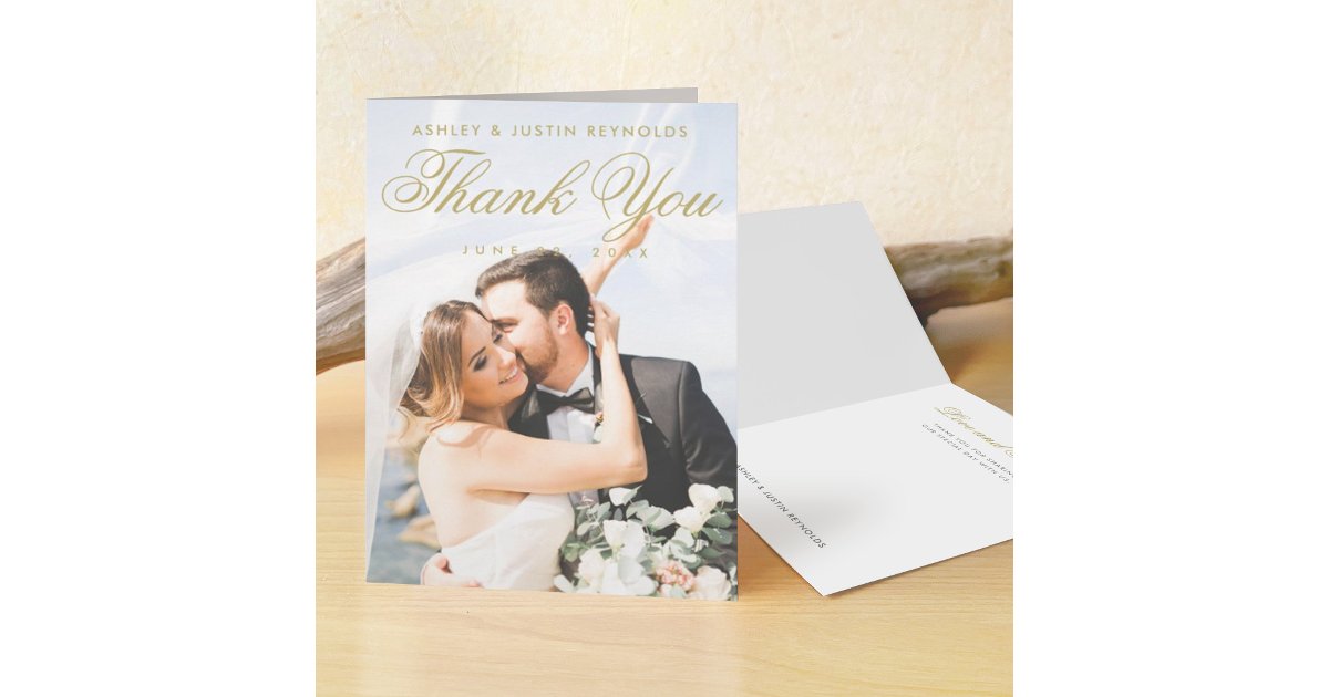 Elegant Modern Gold Script Photo Wedding Thank You Card | Zazzle
