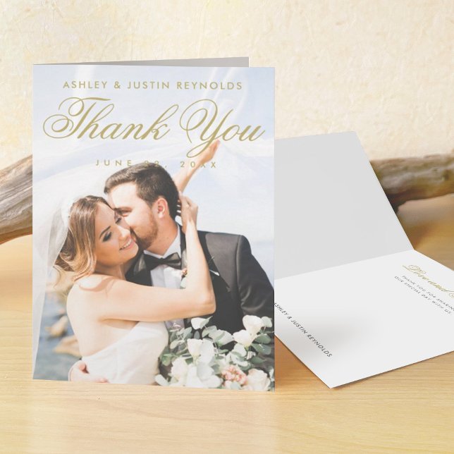 Elegant Modern Gold Script Photo Wedding Thank You Card (Creator Uploaded)