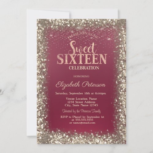 Elegant Modern Gold Sequins Frame Red Sweet 16 Invitation
