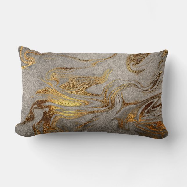 Elegant modern gold silver marble look lumbar pillow (Front)