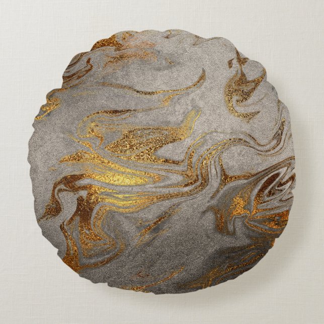 Elegant modern gold silver marble look round pillow (Front)