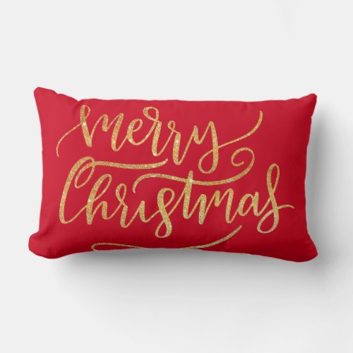 Elegant Modern Gold Sparkle Merry Christmas Red  Lumbar Pillow