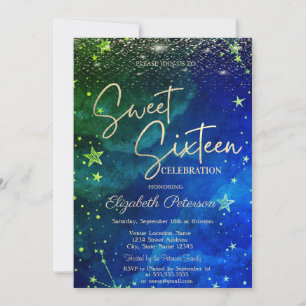 Elegant Modern Gold Stars Blue Green Sweet 16 Invitation