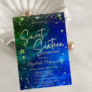 Elegant Modern Gold Stars Blue Green Sweet 16 Invitation
