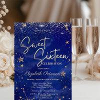 Elegant Modern Gold Stars Blue Sweet 16