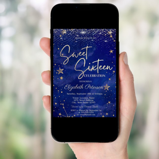 Elegant Modern Gold Stars Blue Sweet 16 Invitation (Front Digital)