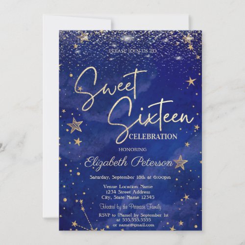Elegant Modern Gold Stars Blue Sweet 16 Invitation
