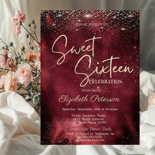 Elegant Modern Gold Stars Dark Red Sweet 16 Invitation