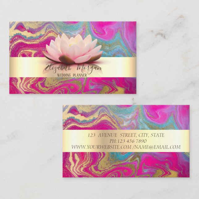 Elegant Modern Gold Stripe Lotus Colorful  Marble Business Card (Front/Back)