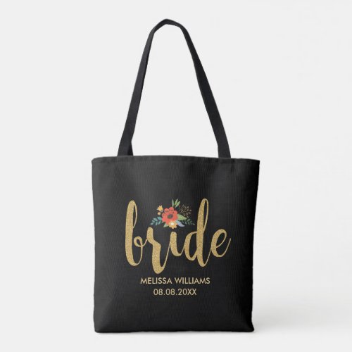 Elegant Modern Gold Text_Bride Floral Accent 2 Tote Bag