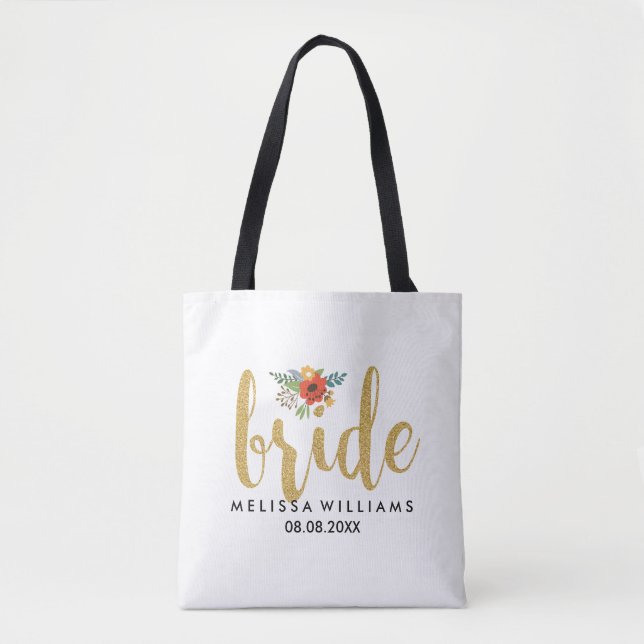 Elegant Modern Gold Text-Bride Floral Accent Tote Bag (Front)