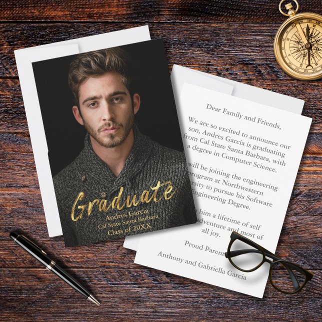 Elegant Modern Gold Text Overlay Graduate Photo Announcement (Creator Uploaded)