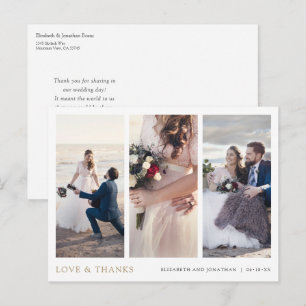 Elegant Modern Gold Three Photo Wedding Thank You Postcard