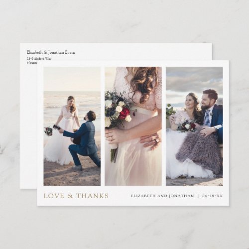 Elegant Modern Gold Three Photo Wedding Thank You Postcard