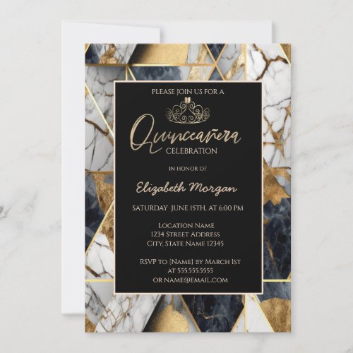 Elegant Modern Gold TiaraBlack Geometric Marble  Invitation