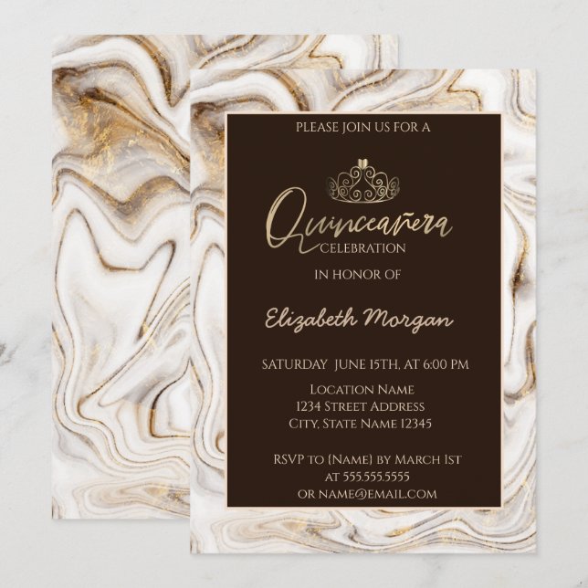Elegant Modern Gold Tiara,Brown Marble Invitation (Front/Back)