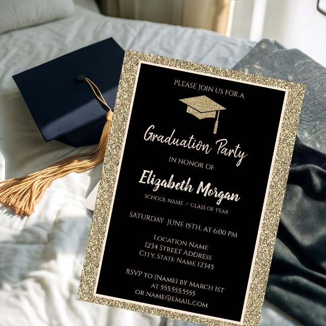Elegant Modern Gold Tiara Glitter Graduation Cap Invitation (Creator Uploaded)