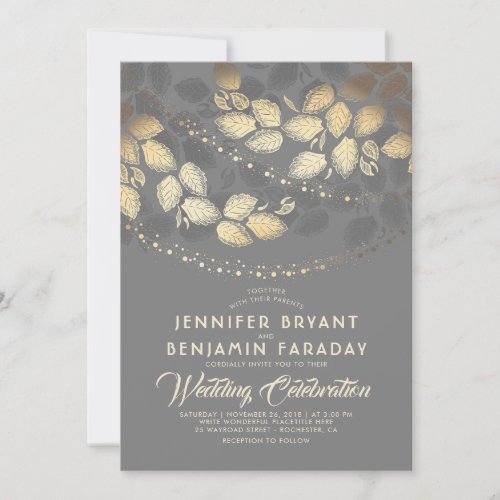 Elegant Modern Gold Tree Leaves and Lights Wedding Invitation - Woodland or garden wedding invitations with the gorgeous gold tree leaves and night / evening string of lights. --- All design elements created by Jinaiji