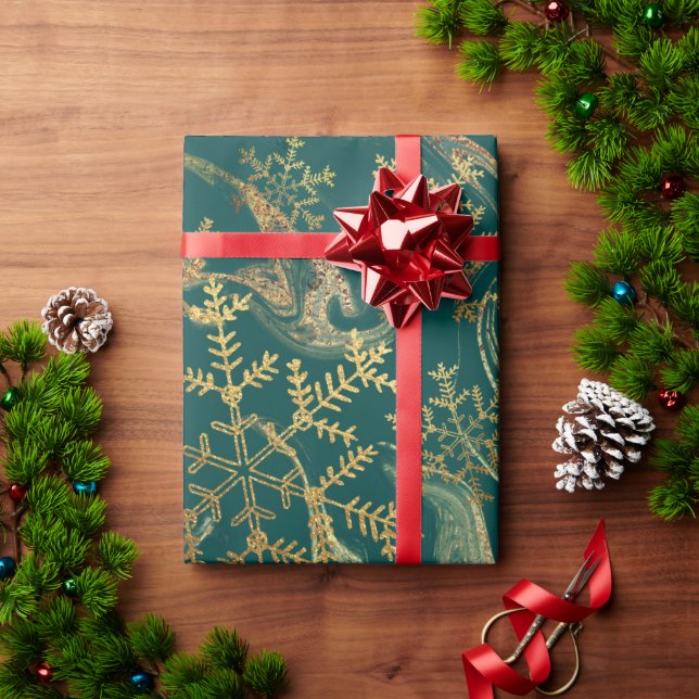 Elegant modern gold turquoise marble snowflakes wrapping paper (Holiday Gift)