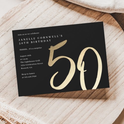 Elegant Modern Gold Type 50th Birthday Invitation Postcard
