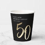 Elegant Modern Gold Type 50th Birthday Party Paper Cups<br><div class="desc">Modern minimalist 50th birthday party paper cups features stylish faux gold foil number handwritten script 50 and your party details in classic serif font on black background color, simple and elegant, great surprise adult milestone birthday accessories for men and women. The black background color can be changed to any color...</div>