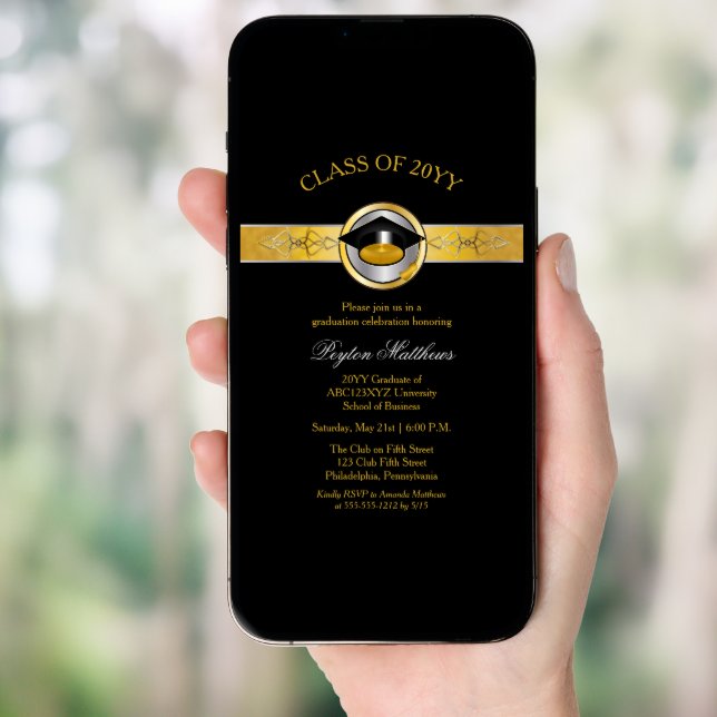 Elegant Modern Gold University Graduation Invites (Front Digital)