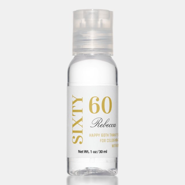 Elegant Modern Gold & White 60 Birthday Party  Hand Sanitizer (Front)