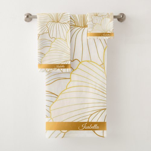 Elegant Modern Gold White Floral Line Collection Bath Towel Set