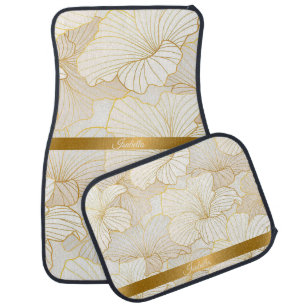 Elegant Modern Gold White Floral Line Collection Car Floor Mat