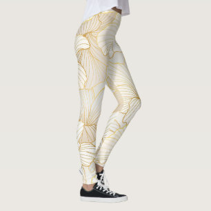Elegant Modern Gold White Floral Line Collection Leggings