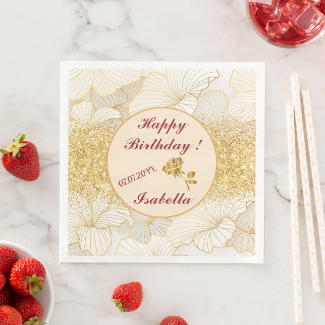 Elegant Modern Gold White Floral Line Collection Paper Dinner Napkins (Insitu)
