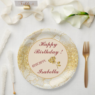 Elegant Modern Gold White Floral Line Collection Paper Plates