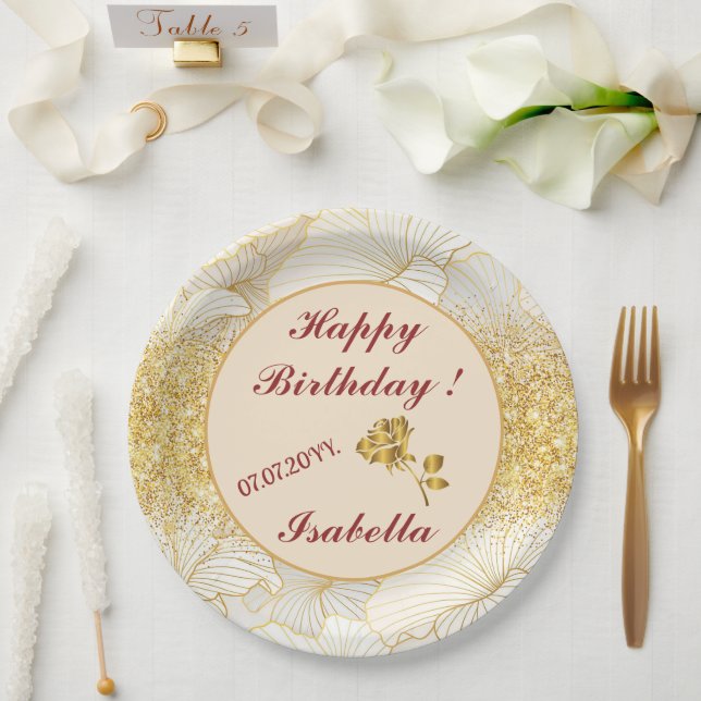 Elegant Modern Gold White Floral Line Collection Paper Plates (Wedding)
