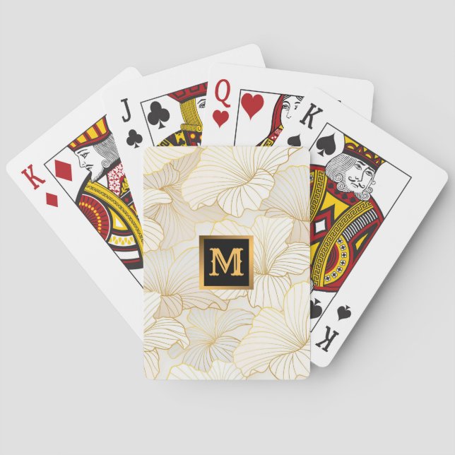 Elegant Modern Gold White Floral Line Collection Poker Cards (Back)