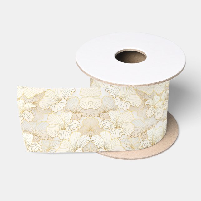 Elegant Modern Gold White Floral Line Collection Satin Ribbon (Spool)
