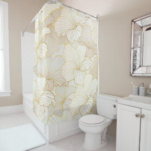 Elegant Modern Gold White Floral Line Collection Shower Curtain